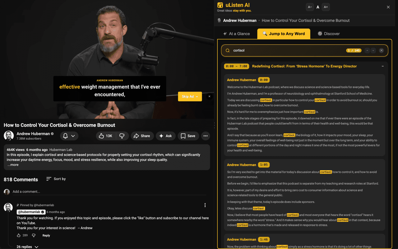 Searchable transcript with cortisol search on Huberman Lab