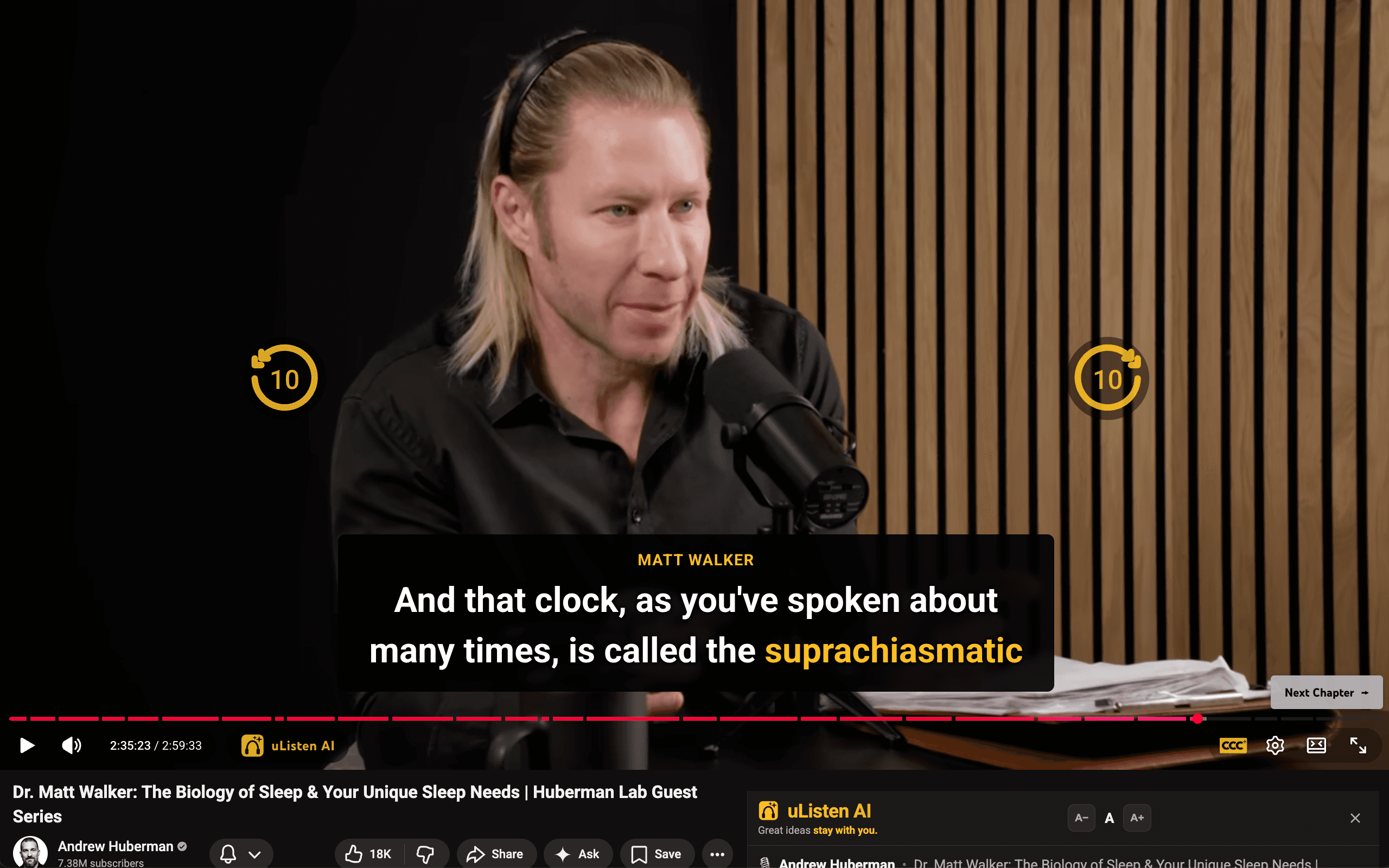 Crystal Clear Captions on Huberman Lab with suprachiasmatic highlighted