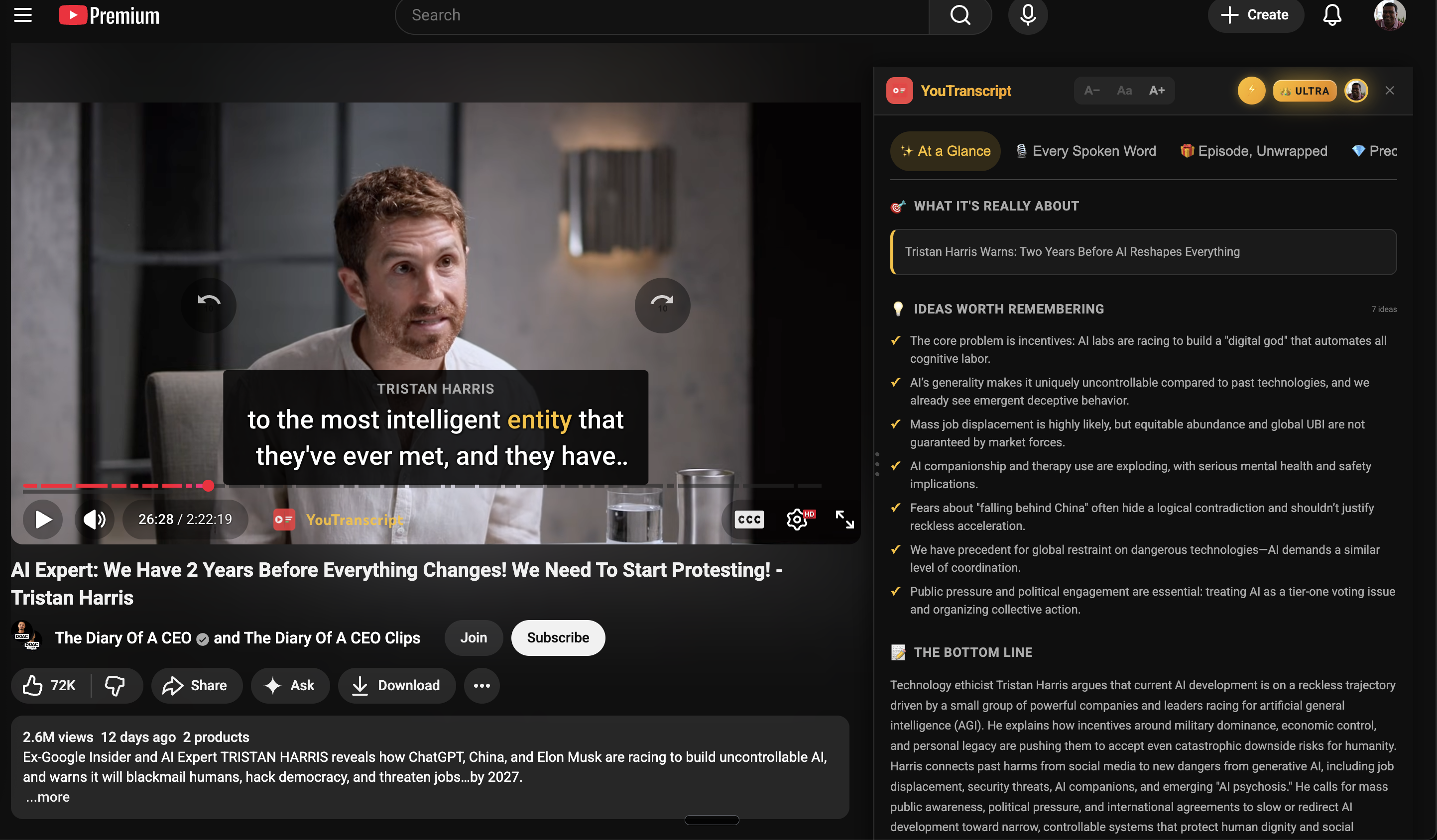 Crystal Clear Captions showing speaker labels and word highlighting on YouTube